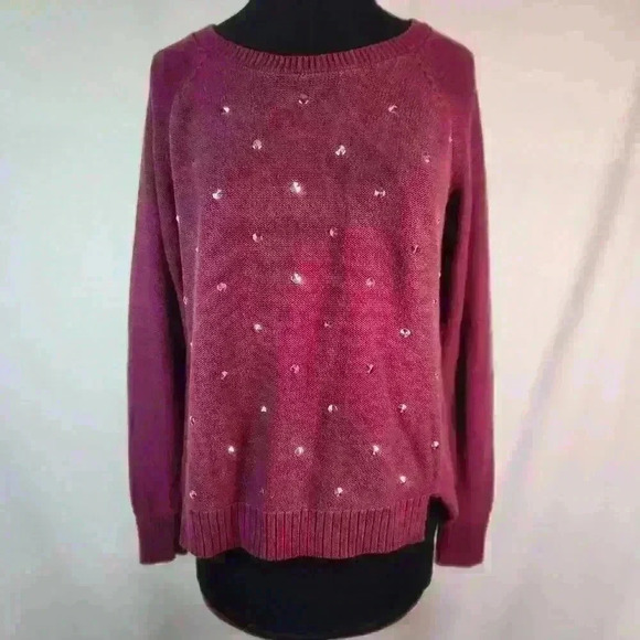 Rock & Republic Small Burgundy Long Raglan Sleeve‎ Sweater Silver Studded Front - Picture 1 of 10